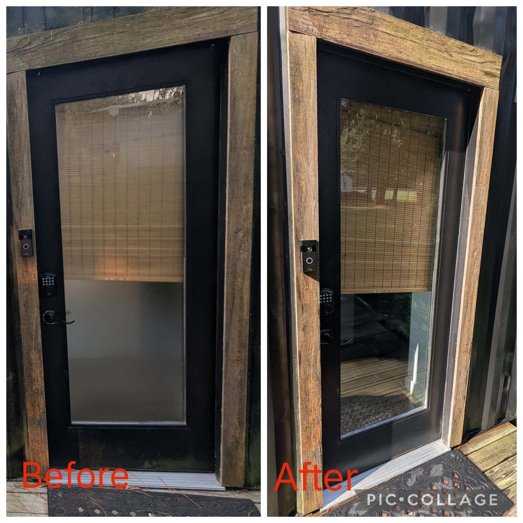 Before-and-after view of a dark screen door with frosted glass and a bamboo shade, showing a clearer pane after.