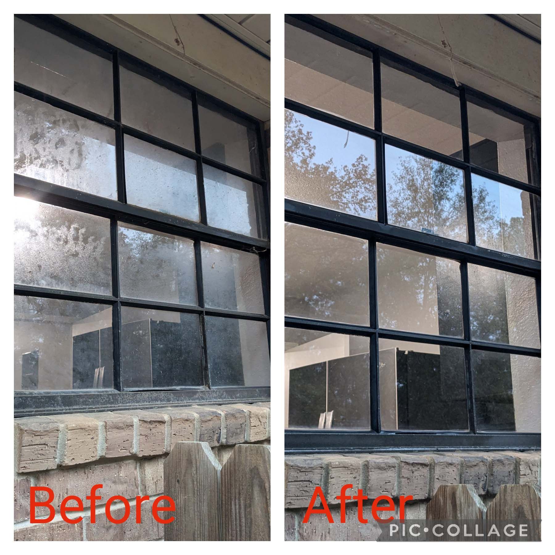 Before-and-after of a window cleaned from dirty and streaked to clear and reflective.