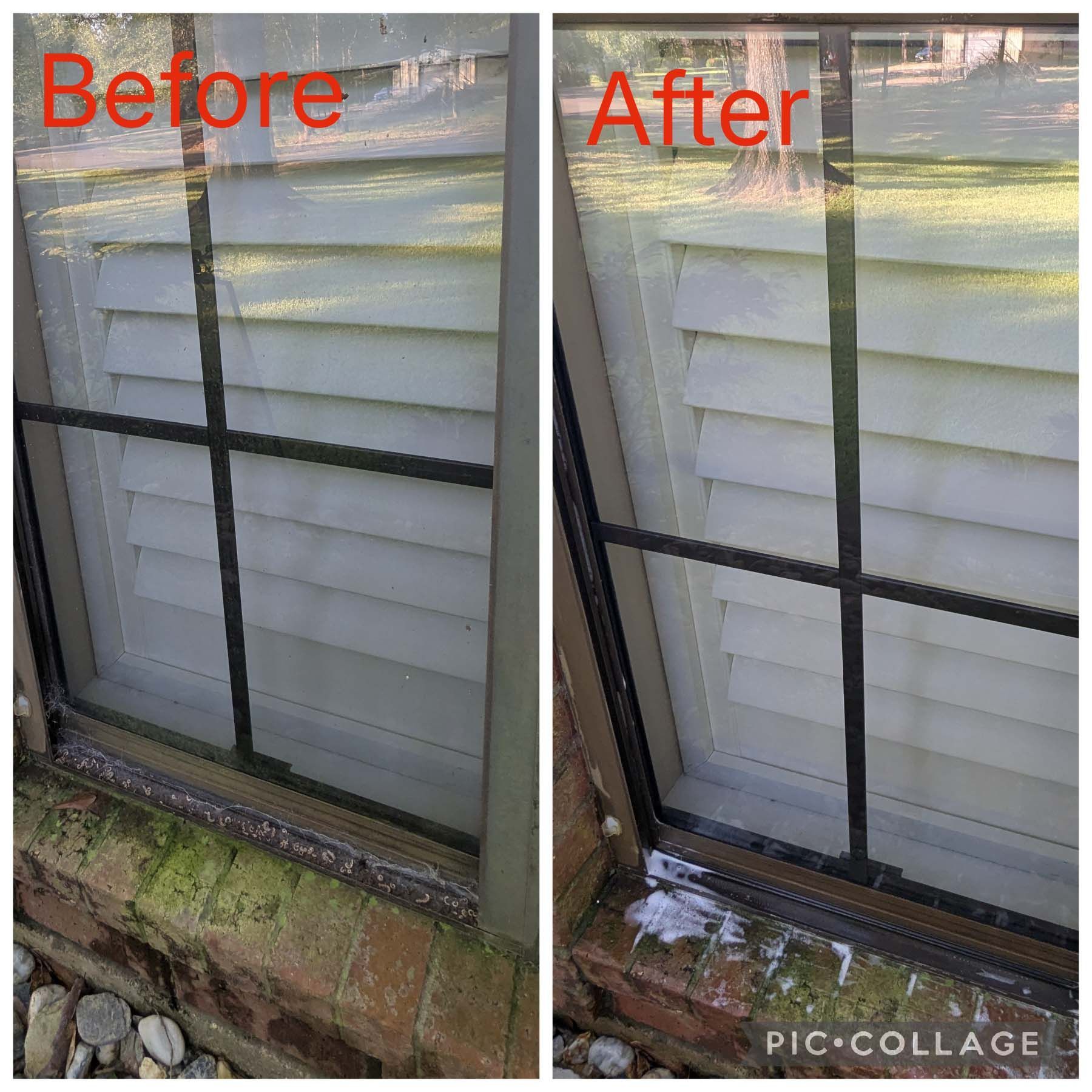 Before and after of a dirty window frame and screen cleaned, with “Before” and “After” labels.
