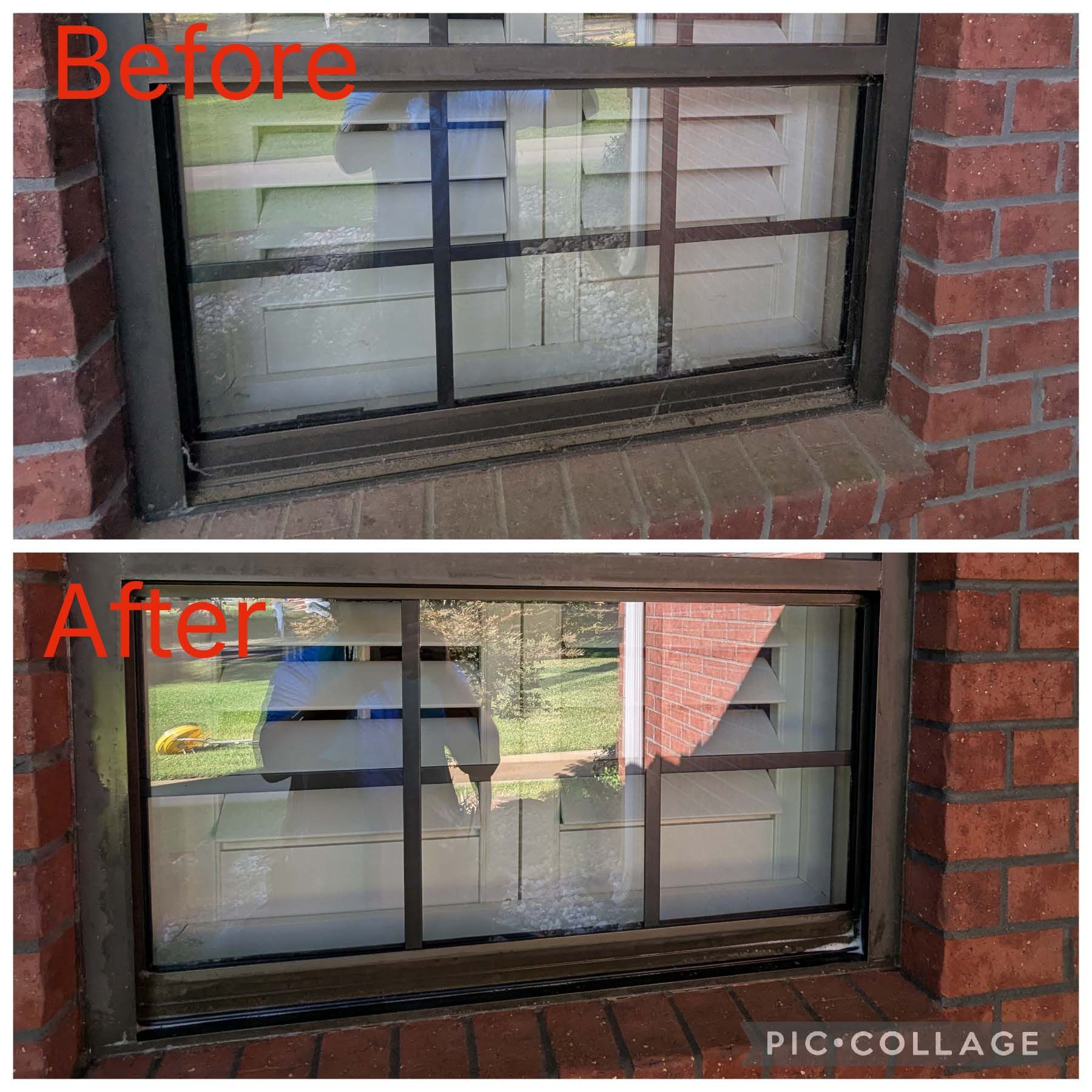 Before-and-after collage of a window cleaned from cloudy to clear, with brick wall and porch visible.