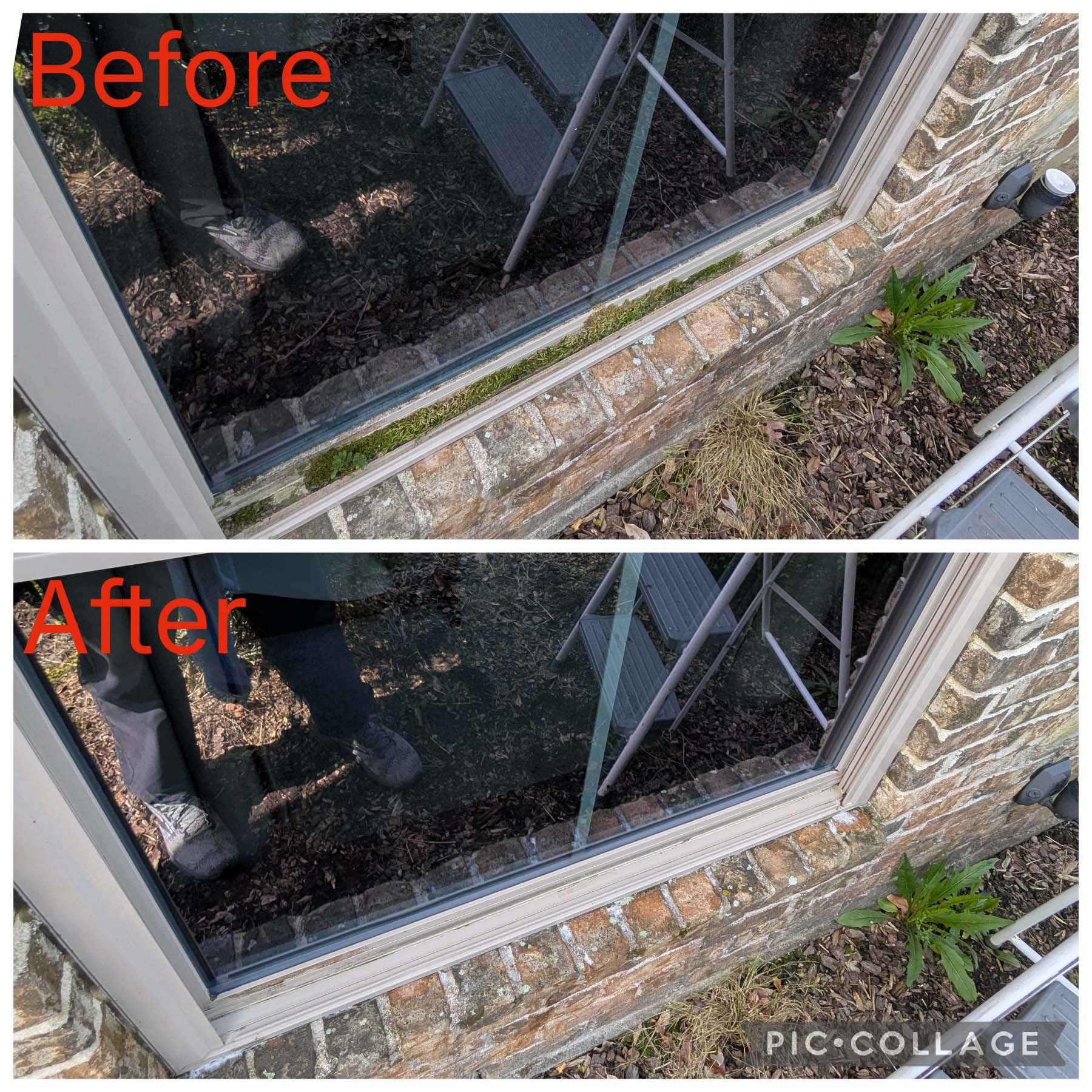 Before-and-after collage of a window and stone wall, showing cleaner glass and sill after removal of debris.