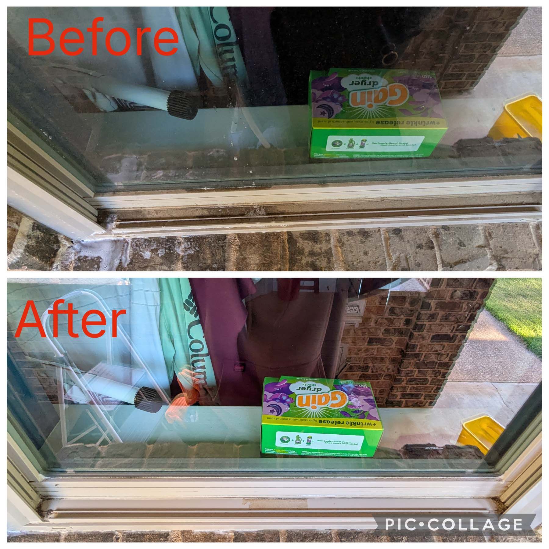 Before-and-after window view: green box moved on a windowsill with reflection and brick exterior visible.