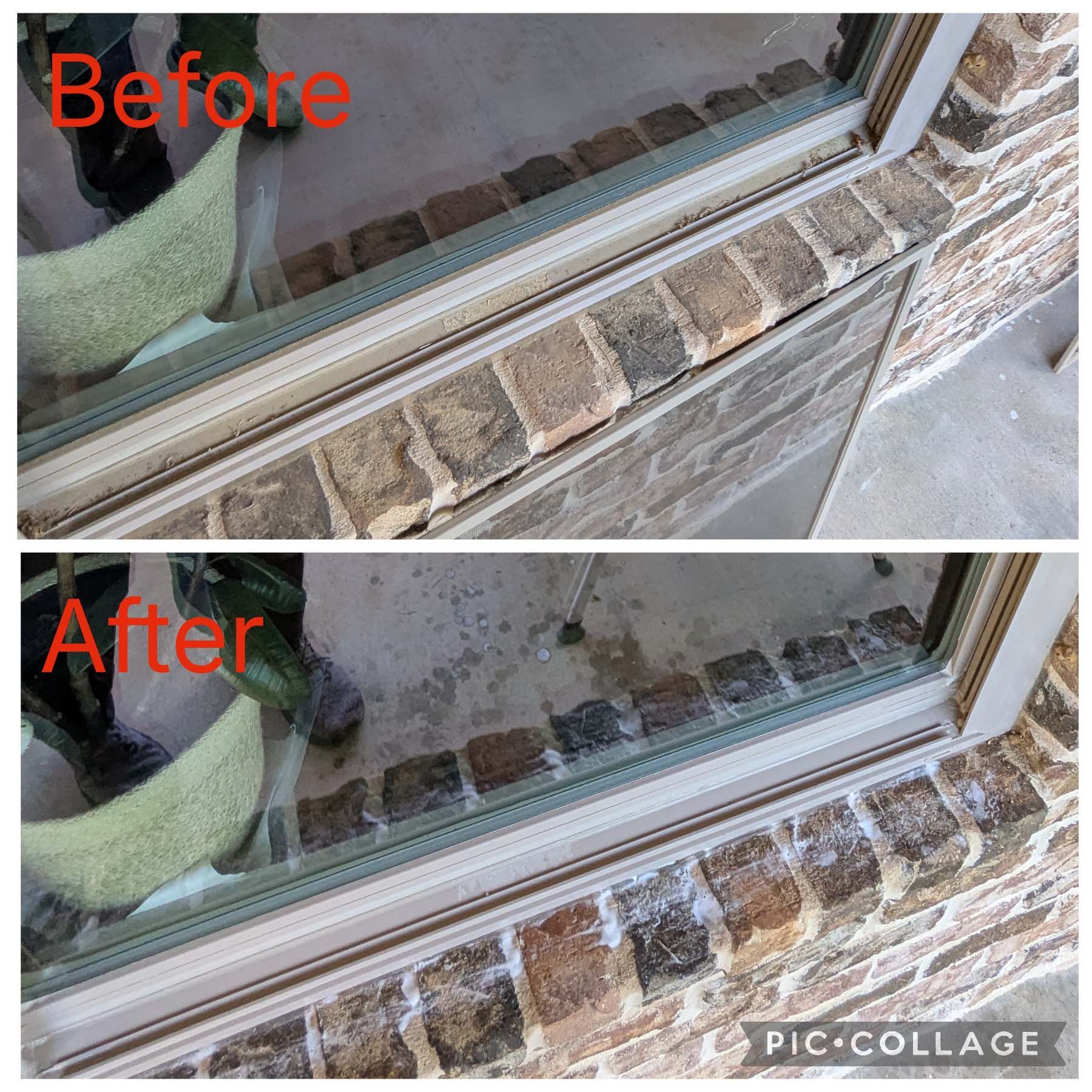 Before-and-after collage of a window sill and brick ledge, showing a cleaned, brighter result.