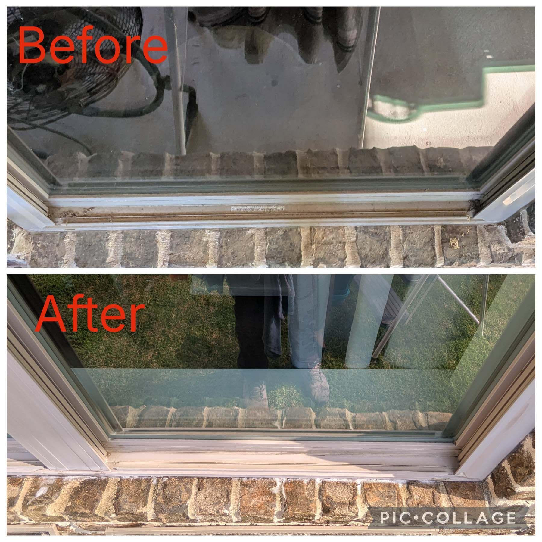 Before-and-after of a cleaned sliding glass door and track, showing dirt removed.
