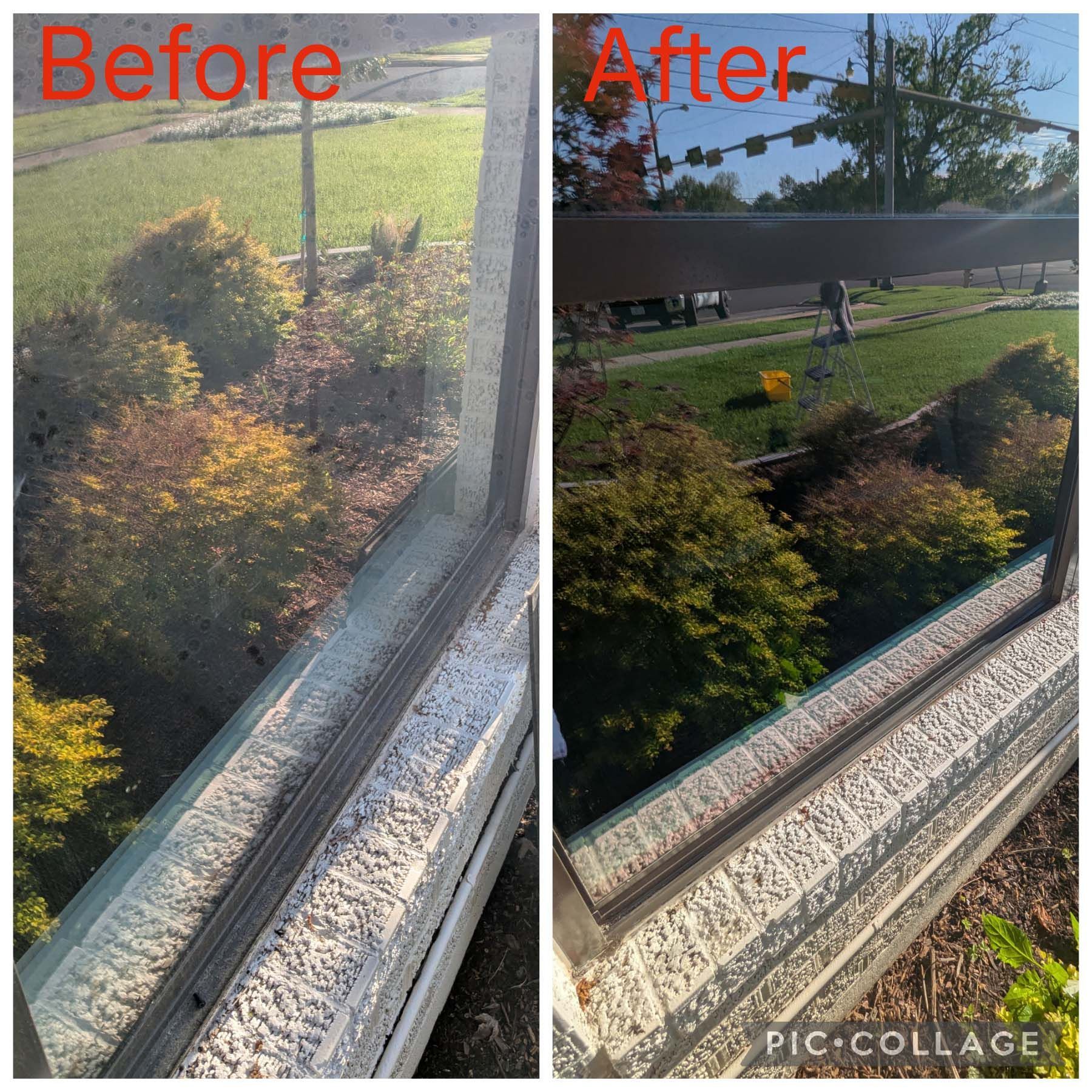 Before-and-after view of a window sill and garden, showing a dirty sill cleaned and brightened.