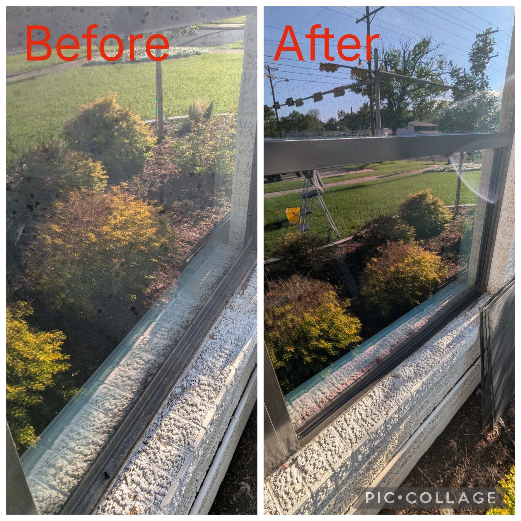 Before-and-after view of a window cleaner removing grime from an exterior window, showing a clearer reflection after.