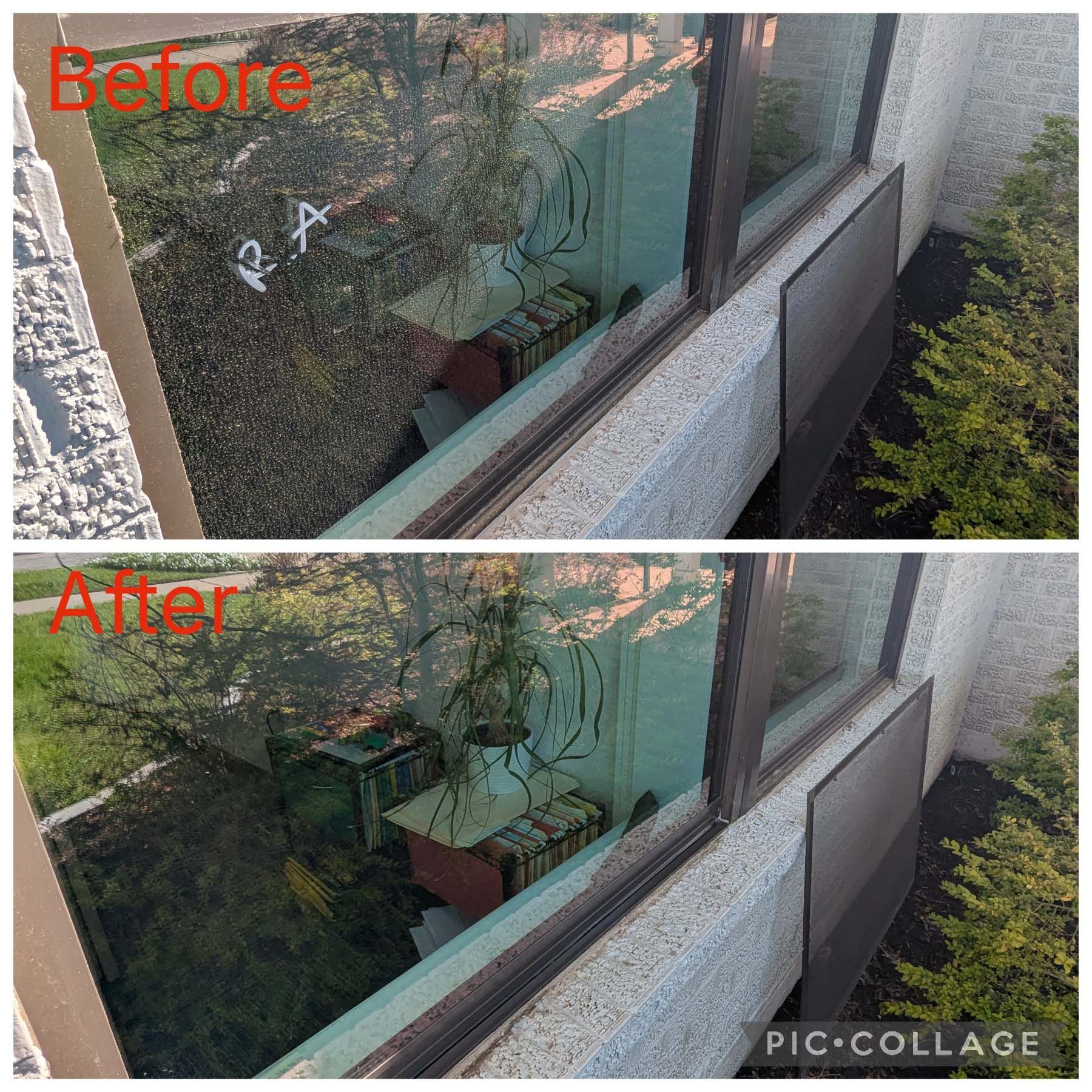 Before-and-after collage of a window reflection, showing a cleaned exterior ledge and glass.