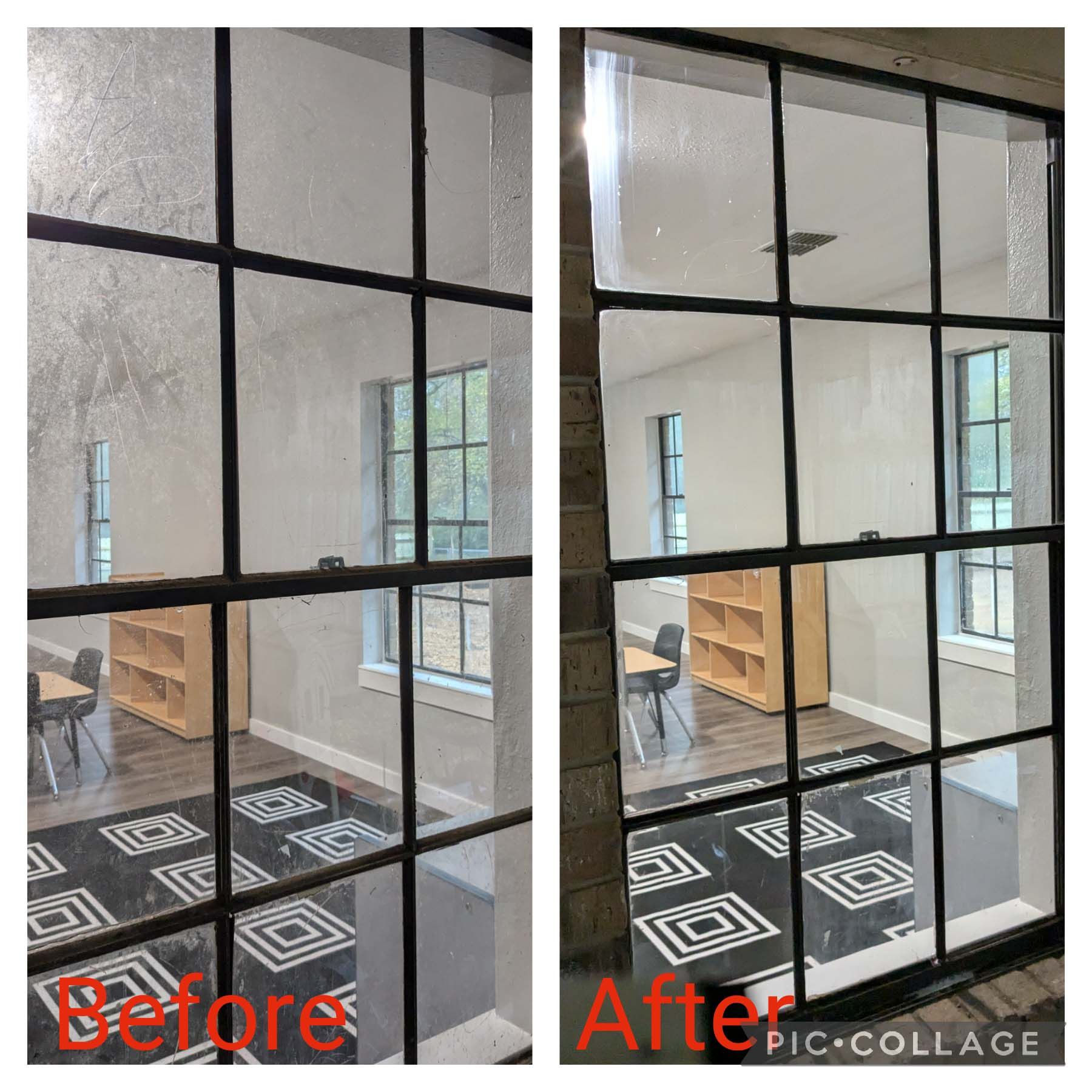 Before-and-after view of a room through a black grid window, showing brighter glass and reflection in the after shot.