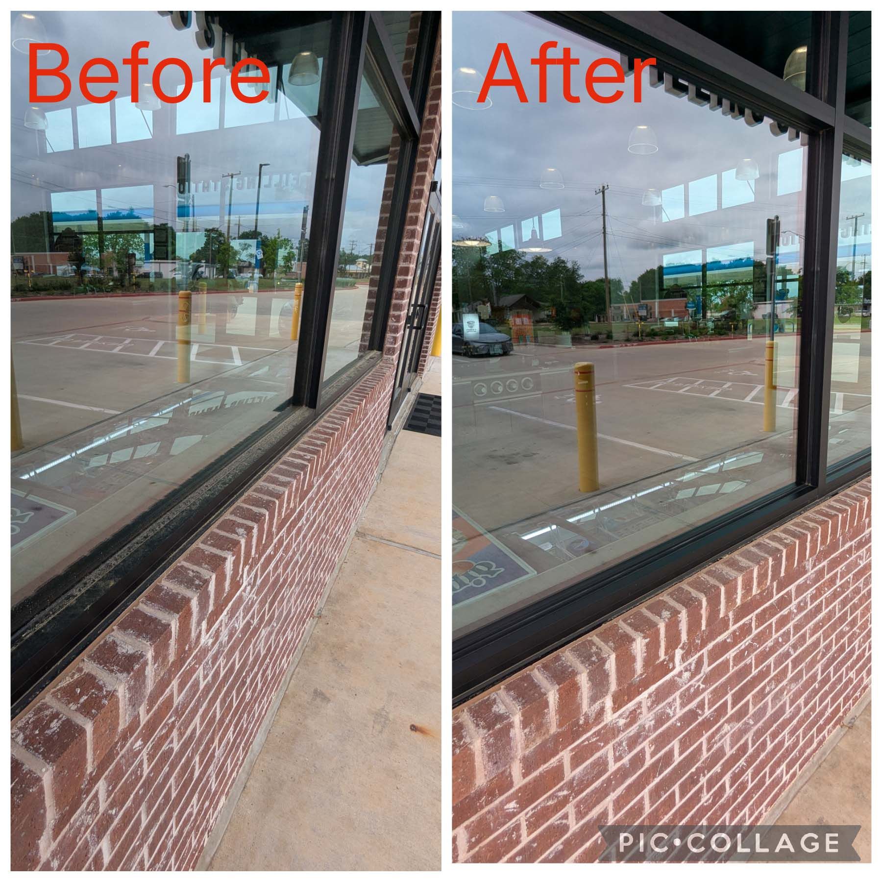 Before-and-after view of a storefront window and brick wall, showing clearer glass reflections after cleaning.