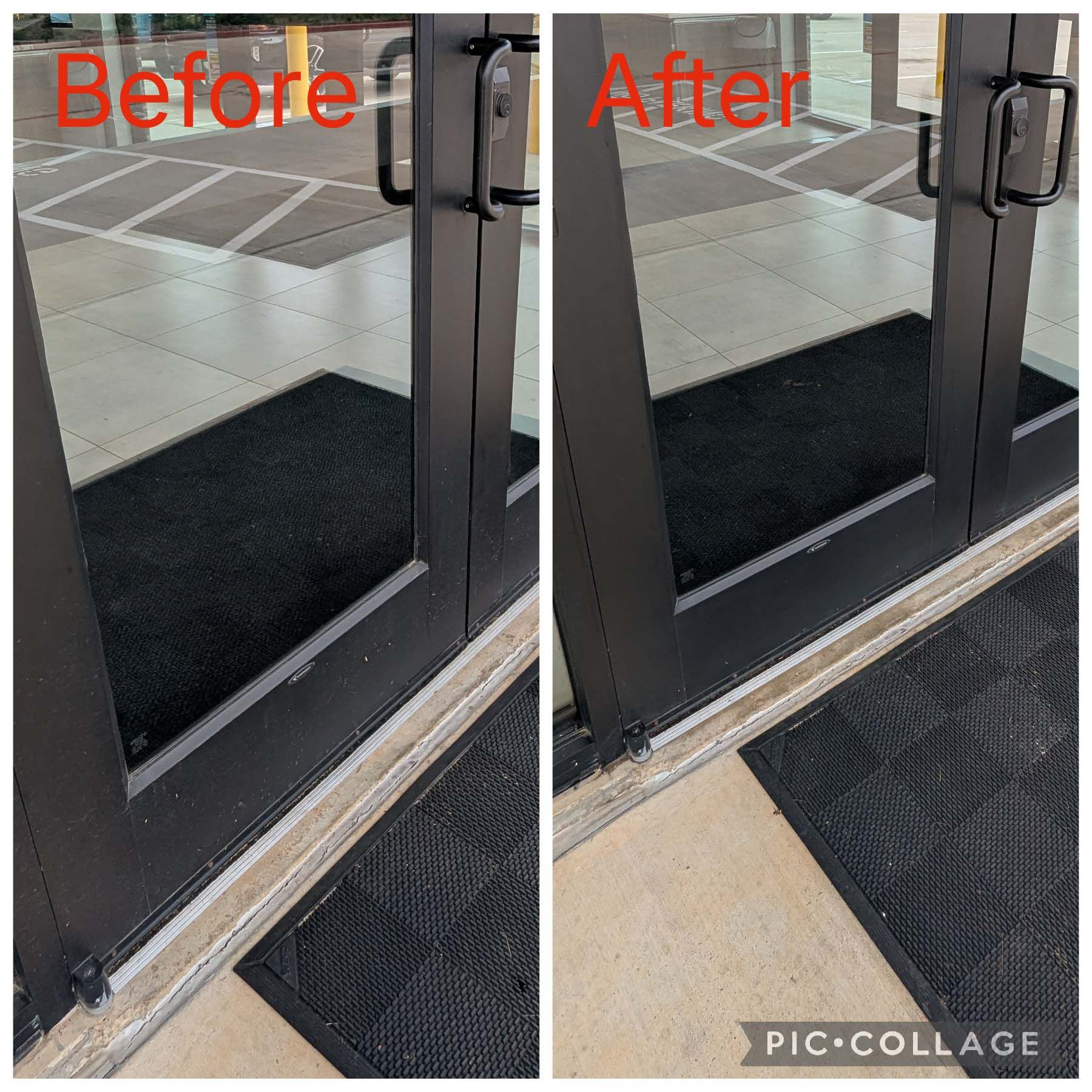 Before and after of a storefront doorway threshold with a repaired floor strip and black mat.