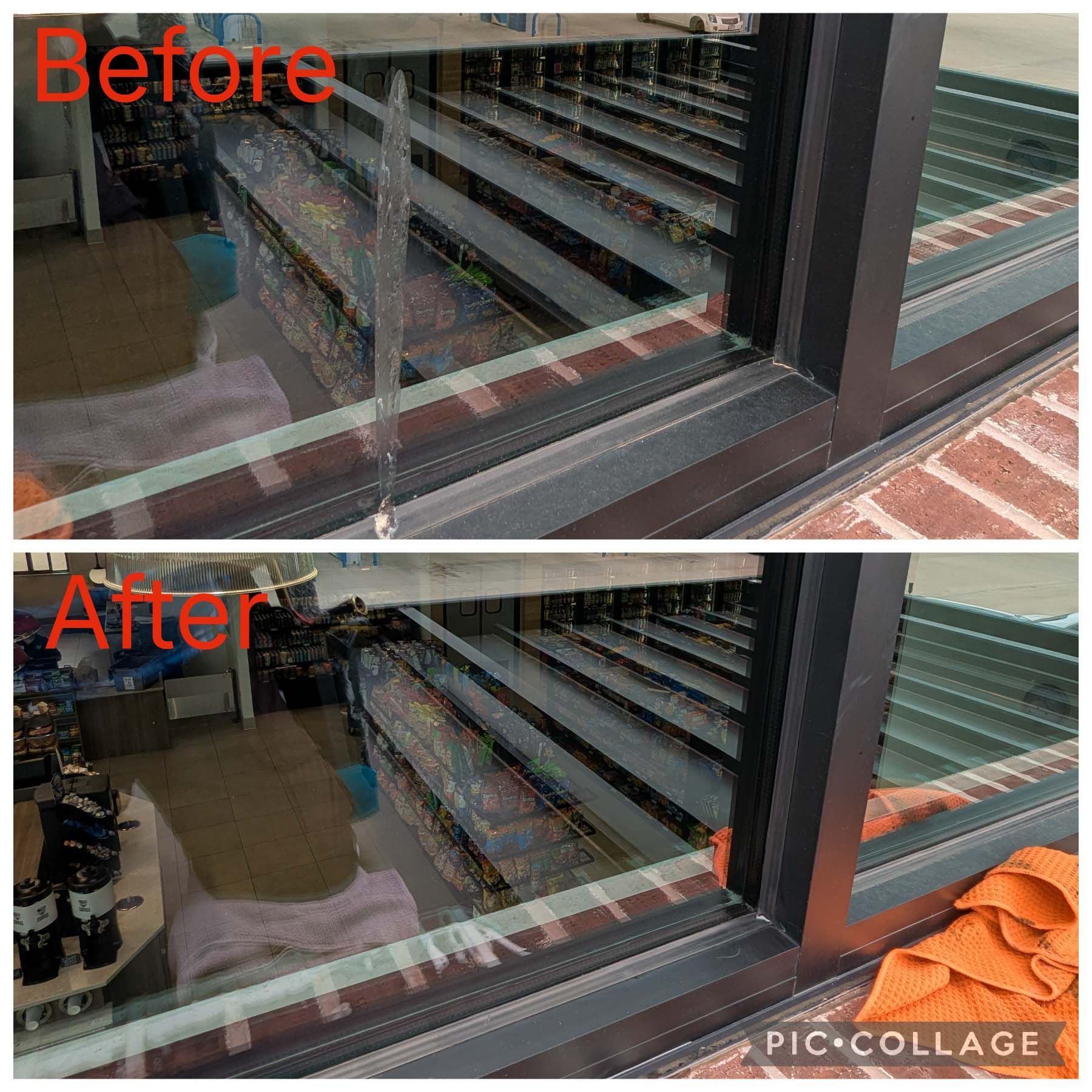 Split-screen storefront window before and after cleaning, showing clearer glass and interior reflections.