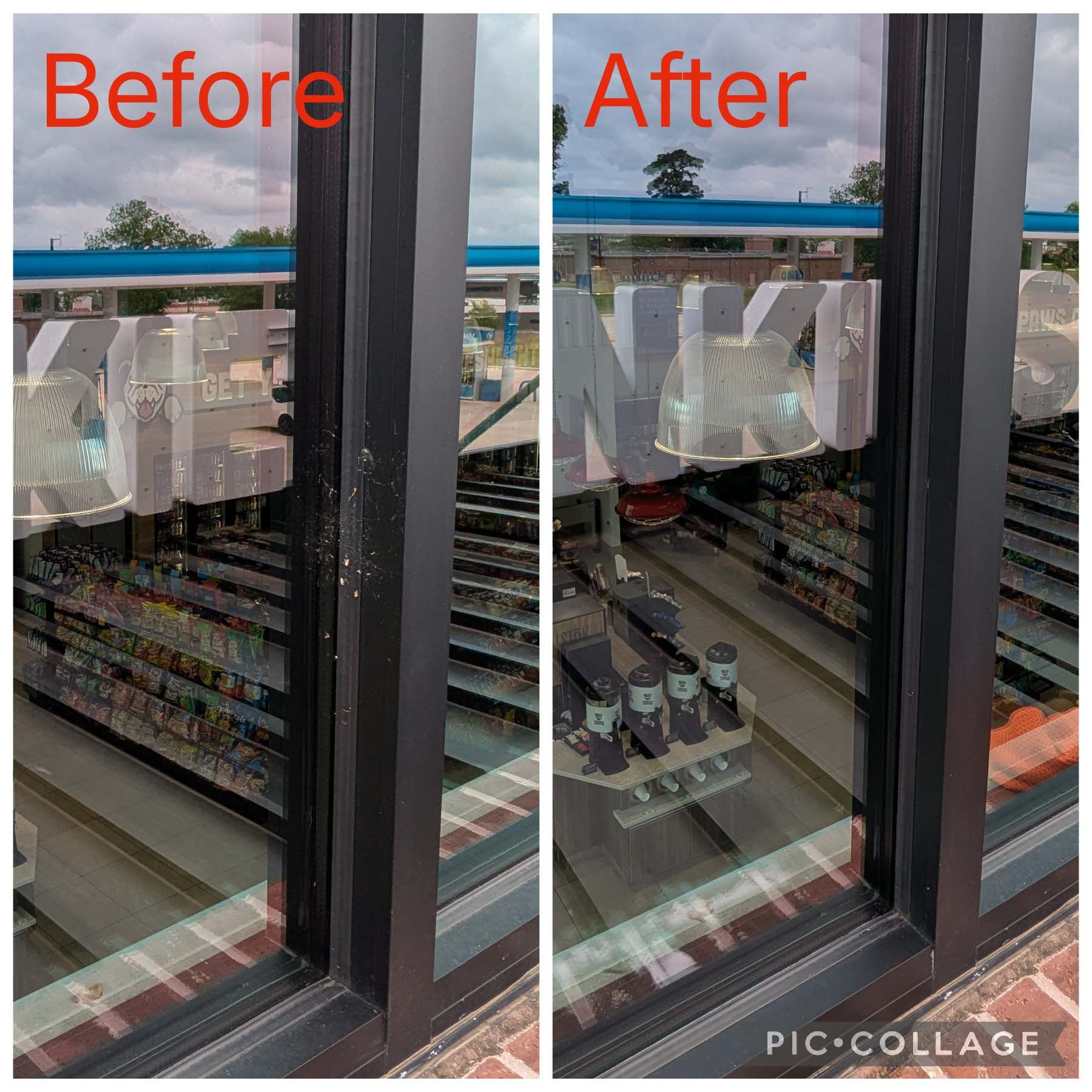 Before-and-after storefront window cleaning comparison, showing clearer glass and store shelves inside.