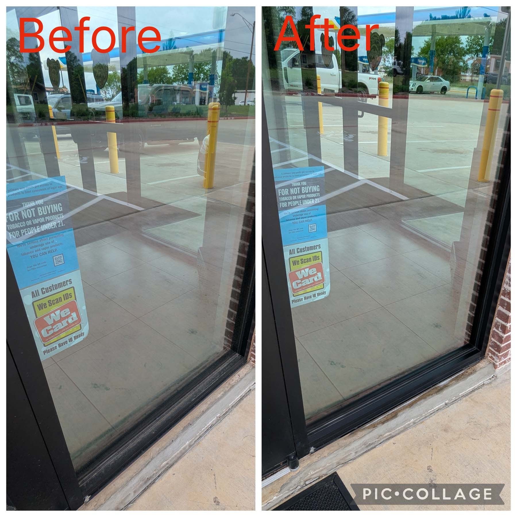 Before-and-after storefront glass cleaned, showing clearer reflections and sidewalk outside.