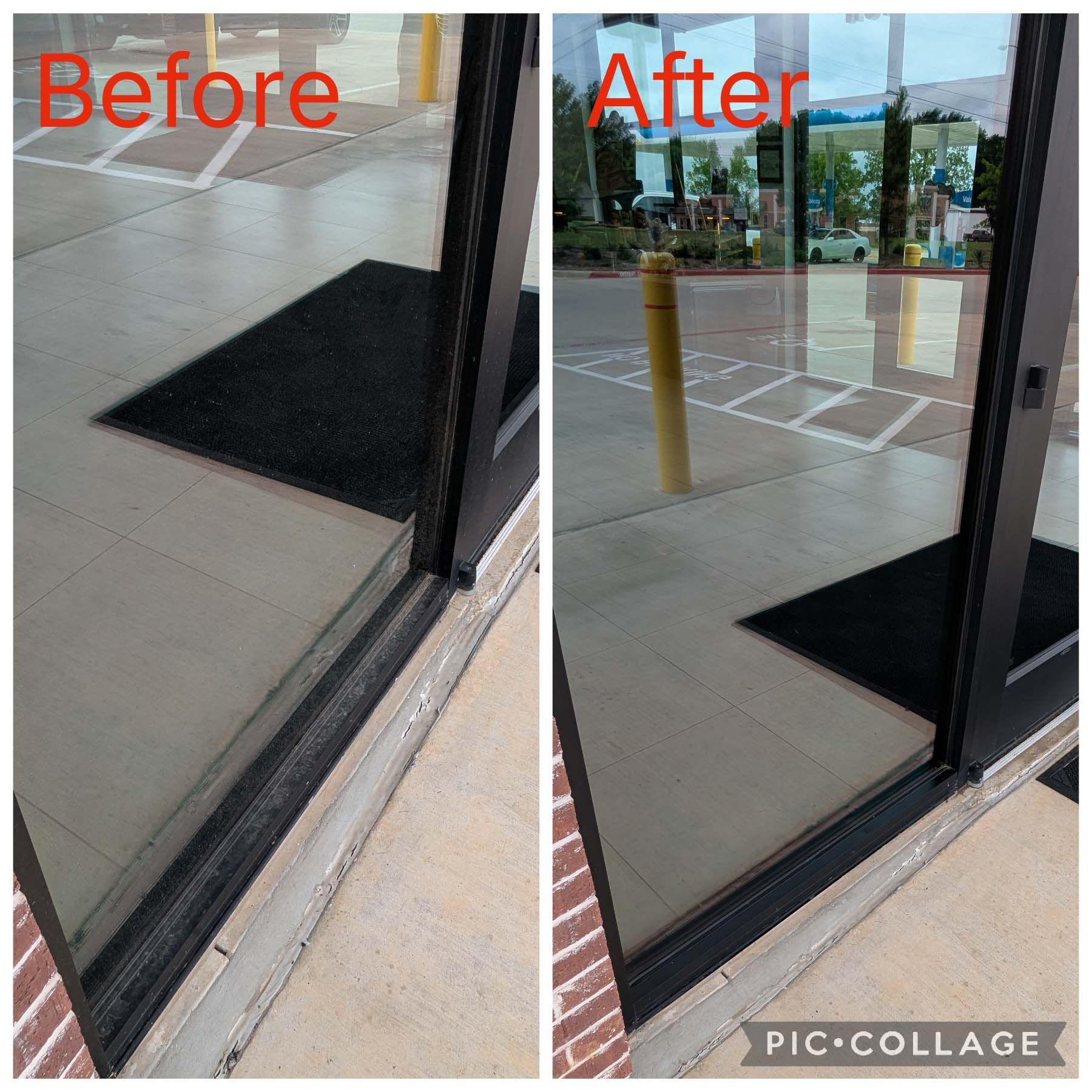 Before-and-after of a storefront doorway with improved threshold ramp and glass door access.