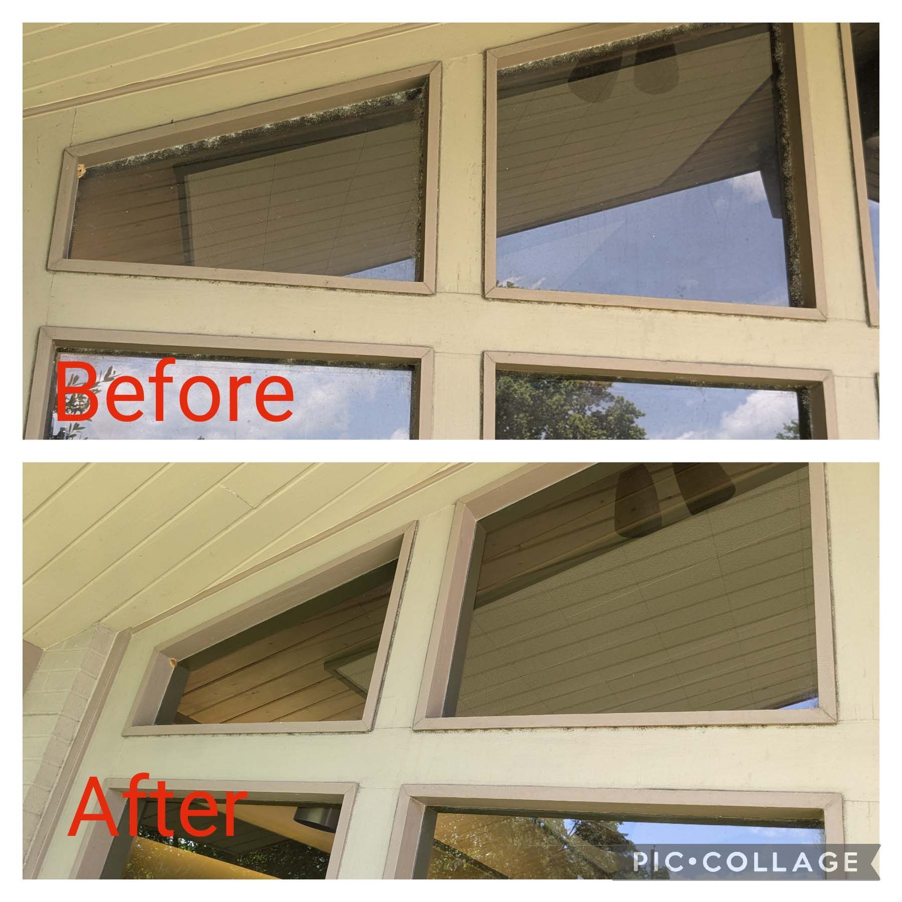 Before-and-after collage of a house window, showing a tilted frame adjustment with beige trim.