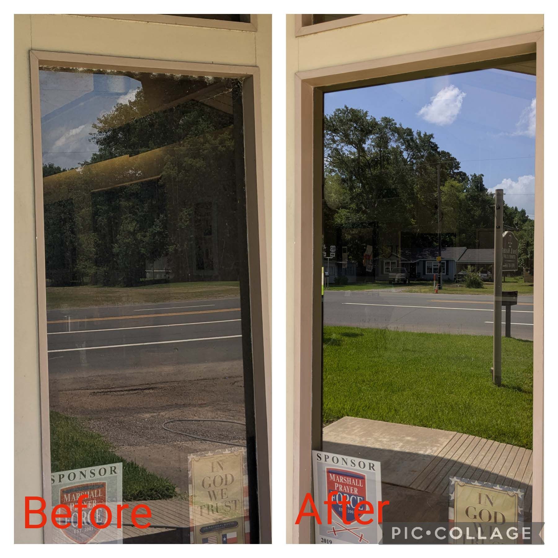 Before-and-after of a storefront door, showing a dark reflective window replaced by clear glass with outdoor view.