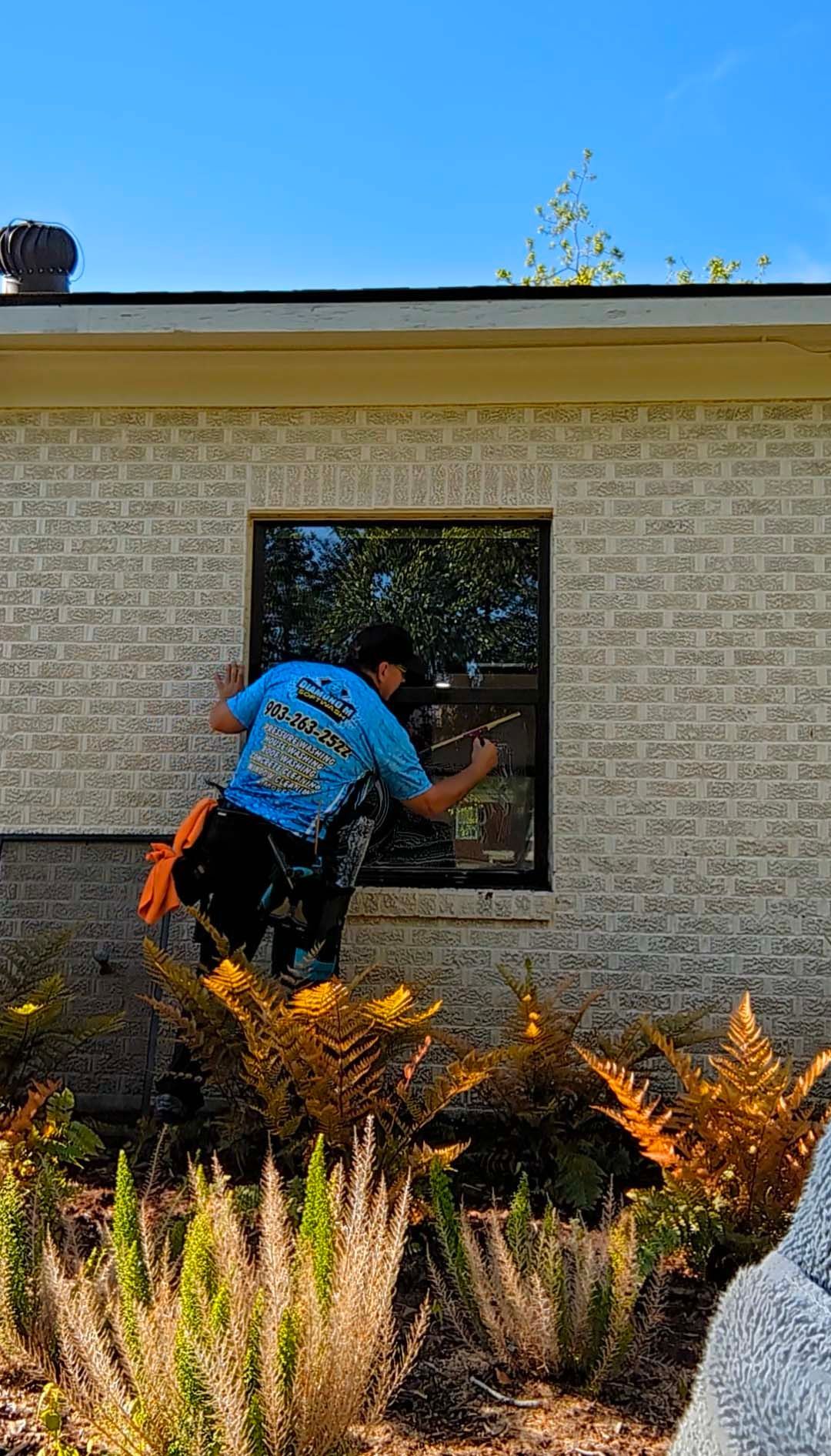 Worker painting a house exterior beside a window, with blue sky and landscaping in front