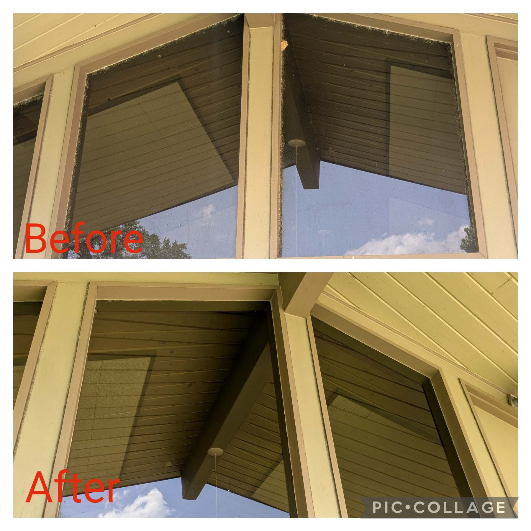 Before-and-after of a tan window shade being opened from closed to tilted upward.