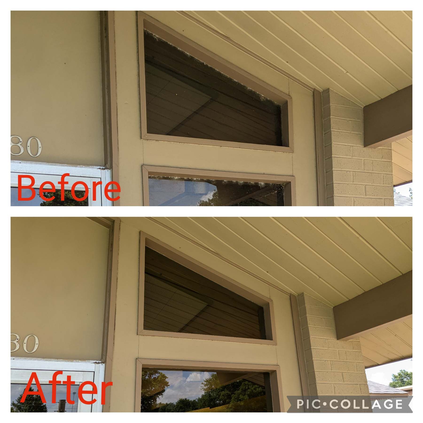 Before-and-after of a window and eave repaint on a house exterior, showing cleaner beige trim and brick.