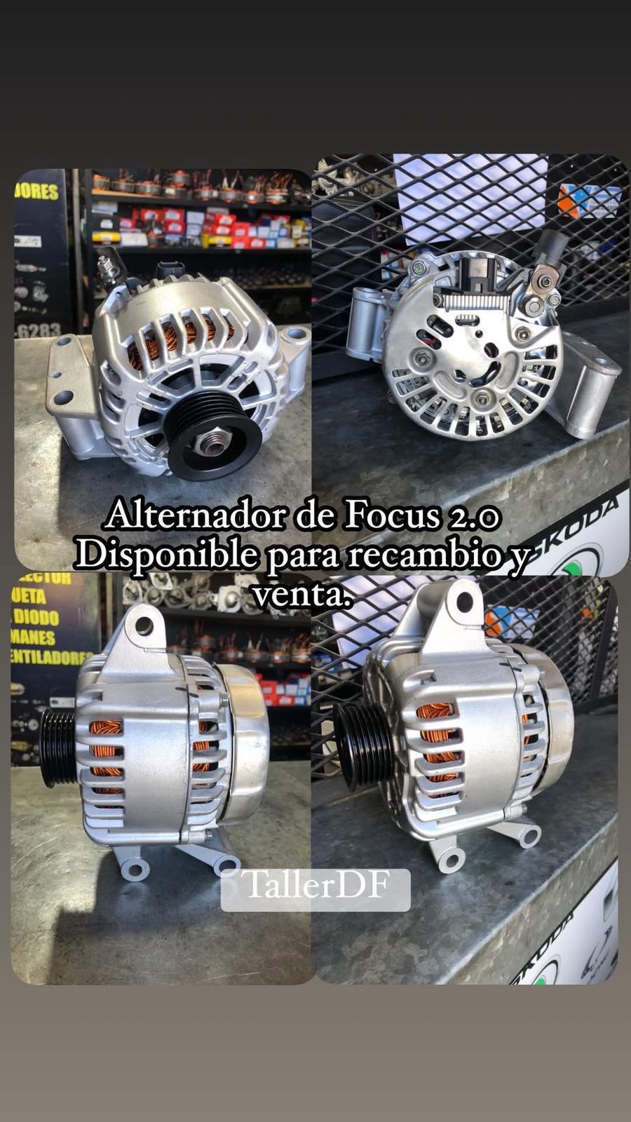 Cuatro vistas de carcasas de alternadores brillantes sobre un banco de trabajo, con texto en español superpuesto y una marca de agua TikerDIF.