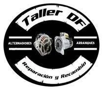 Logo oval negro de taller de alternadores y arranques, con “Reparación y Recambio” en blanco.