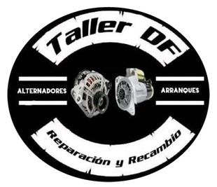 Logo oval negro de taller de alternadores y arranques, con “Reparación y Recambio” en blanco.