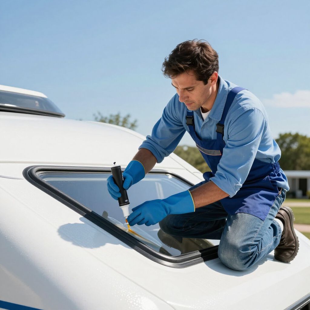 Man in overalls applying sealant to a camper window; outdoors, sunny.