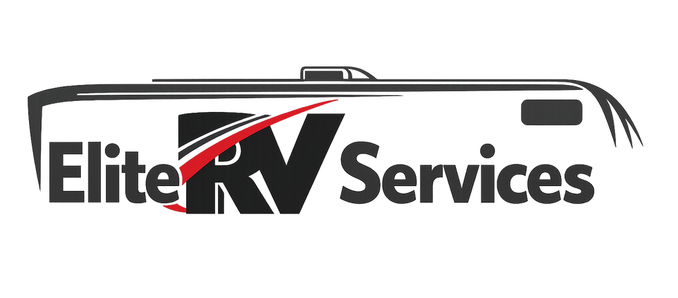 Logo for Elite RV Services Repair, featuring an RV graphic and the company name in blue with a red accent.