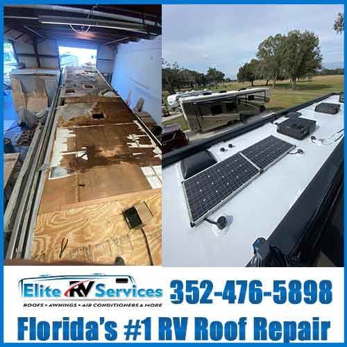 RV roof repair: before and after. Damaged roof stripped; finished roof with solar panels. Elite RV Services ad.