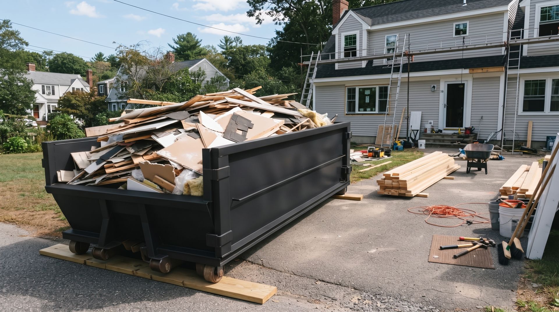 Dumpster filled with construction debris in a residential driveway beside a house under renovation.