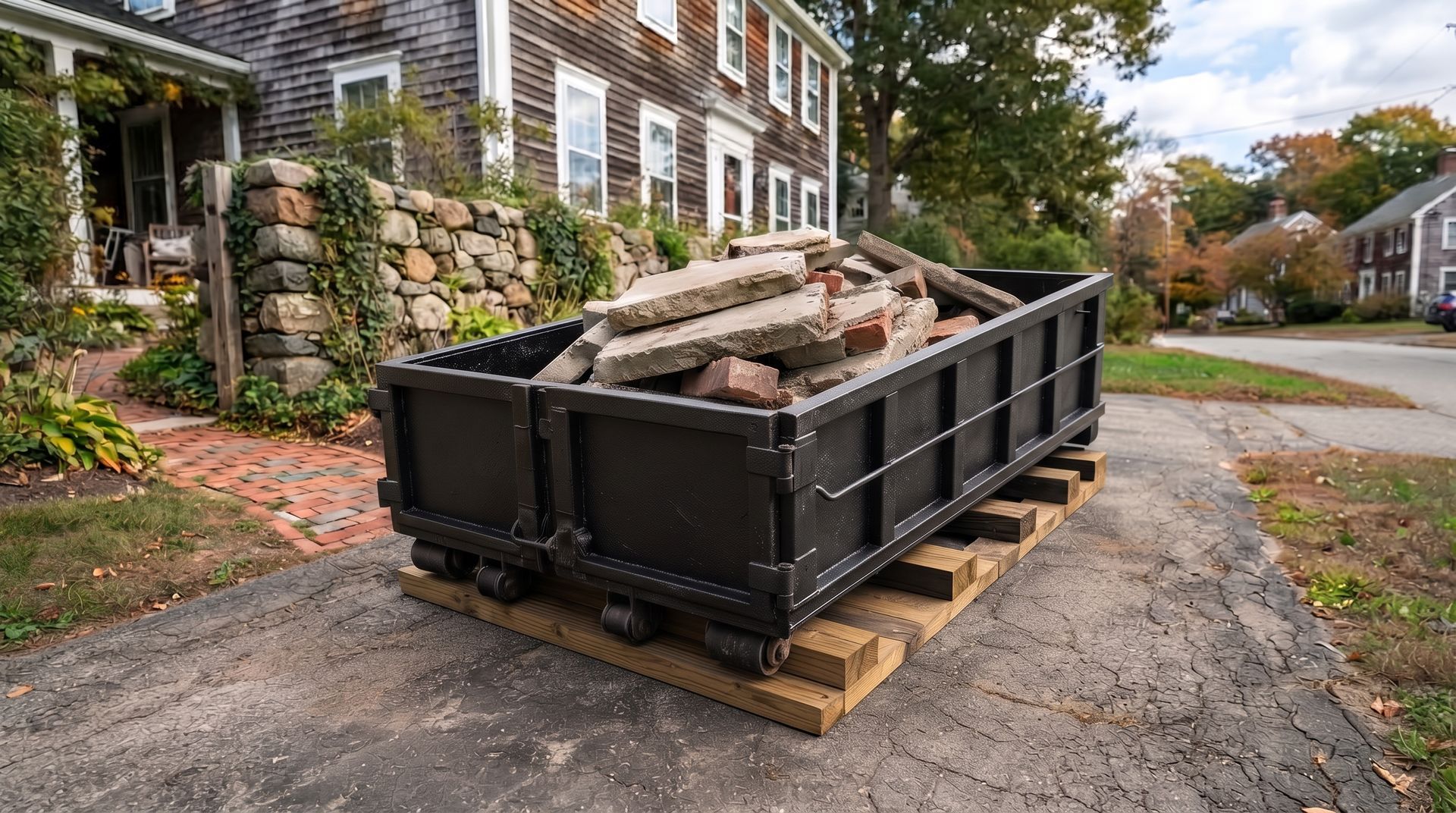 Black dumpster filled with rubble on wooden pallets beside a stone house on a residential street