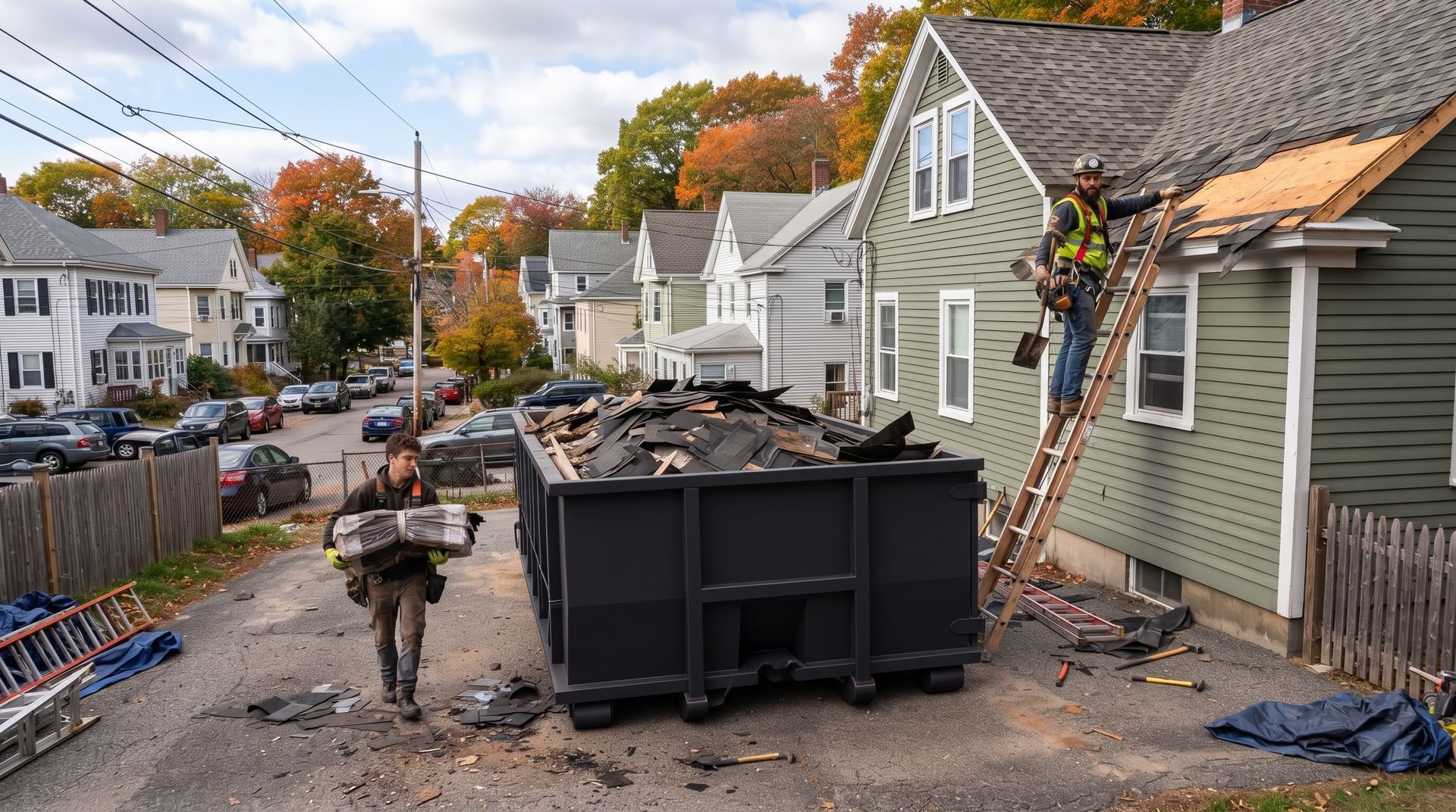 Workers clean debris on a damaged residential street beside a large dumpster and a house with roof damage.