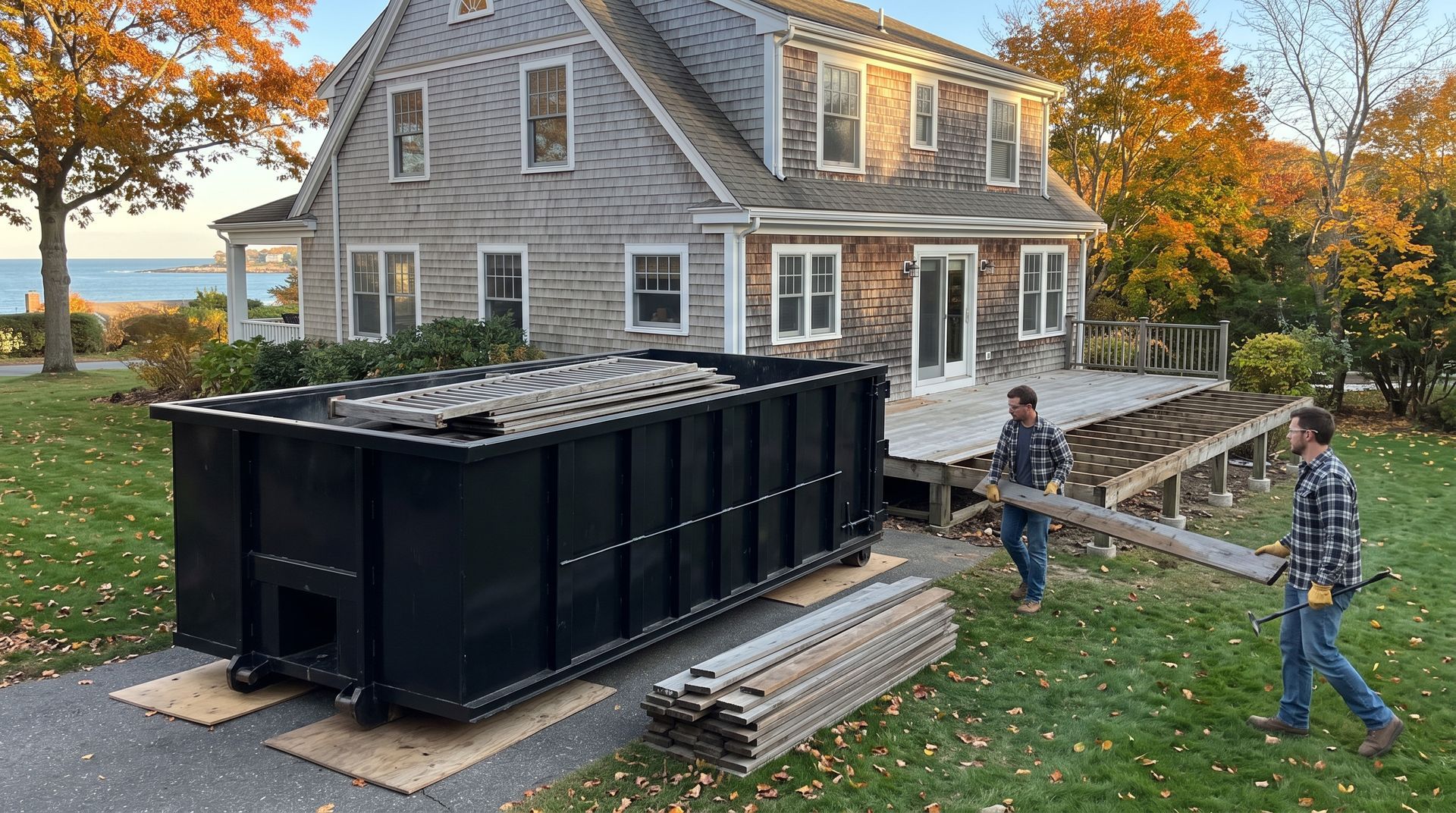 Workers moving a large black dumpster beside a gray house in autumn, with stacked planks nearby