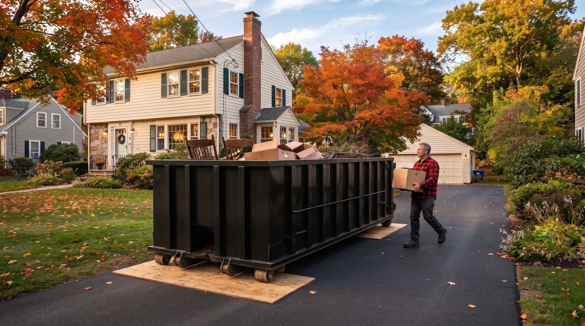 Worker beside a large black dumpster on a suburban driveway with autumn trees and houses nearby