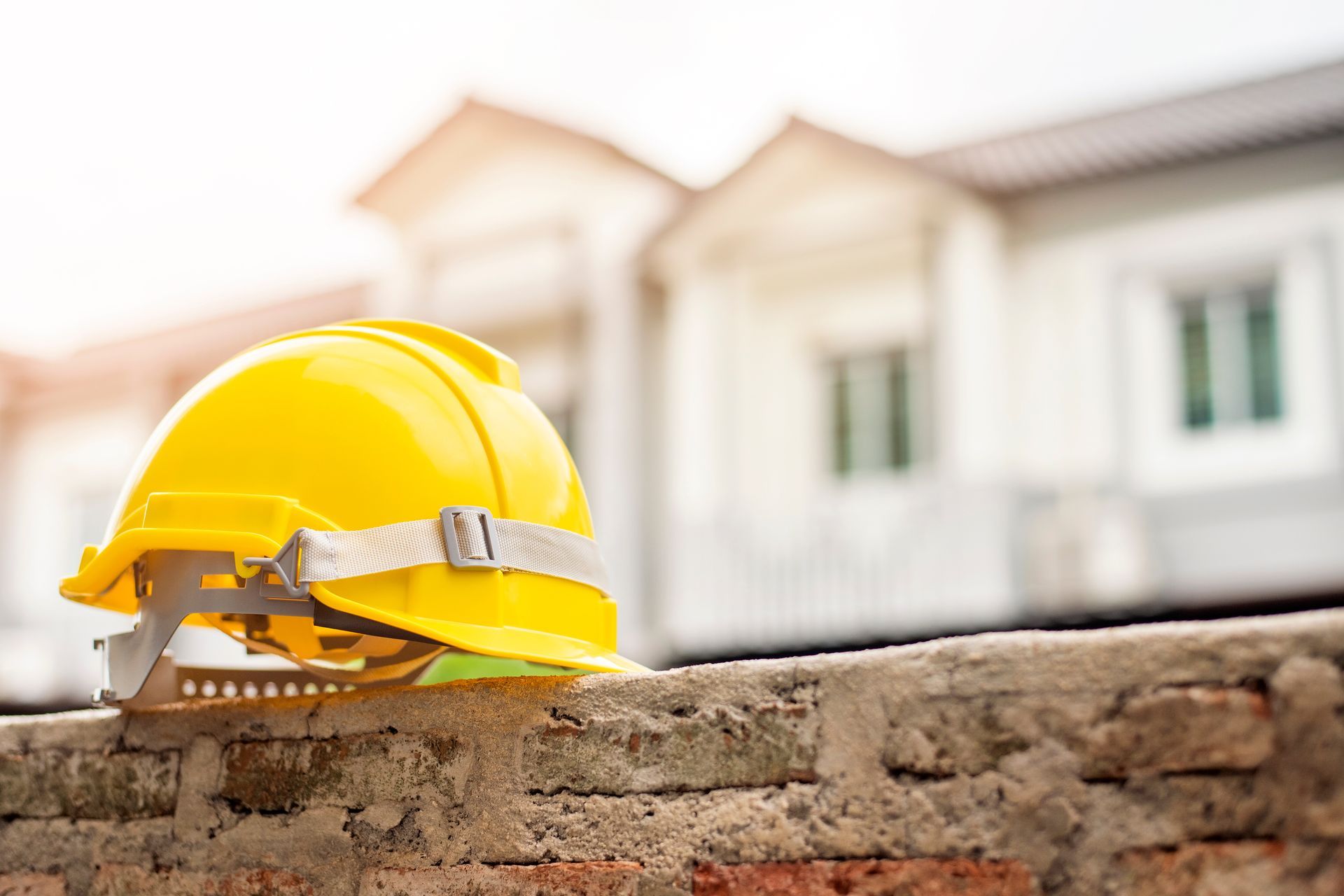 Yellow safety hard hat at a custom home building site with house blurred background.