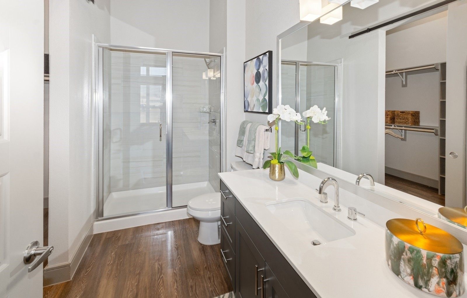 Bathroom with double sink vanity, glass shower, and walk-in closet visible.
