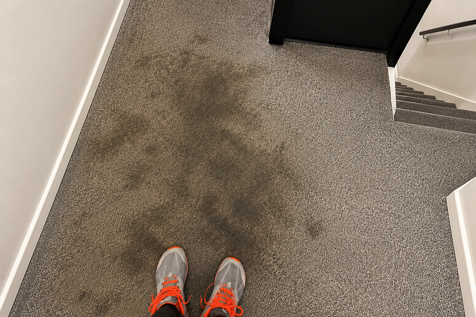 Hallway carpet with gray-and-orange shoes visible at the bottom edge