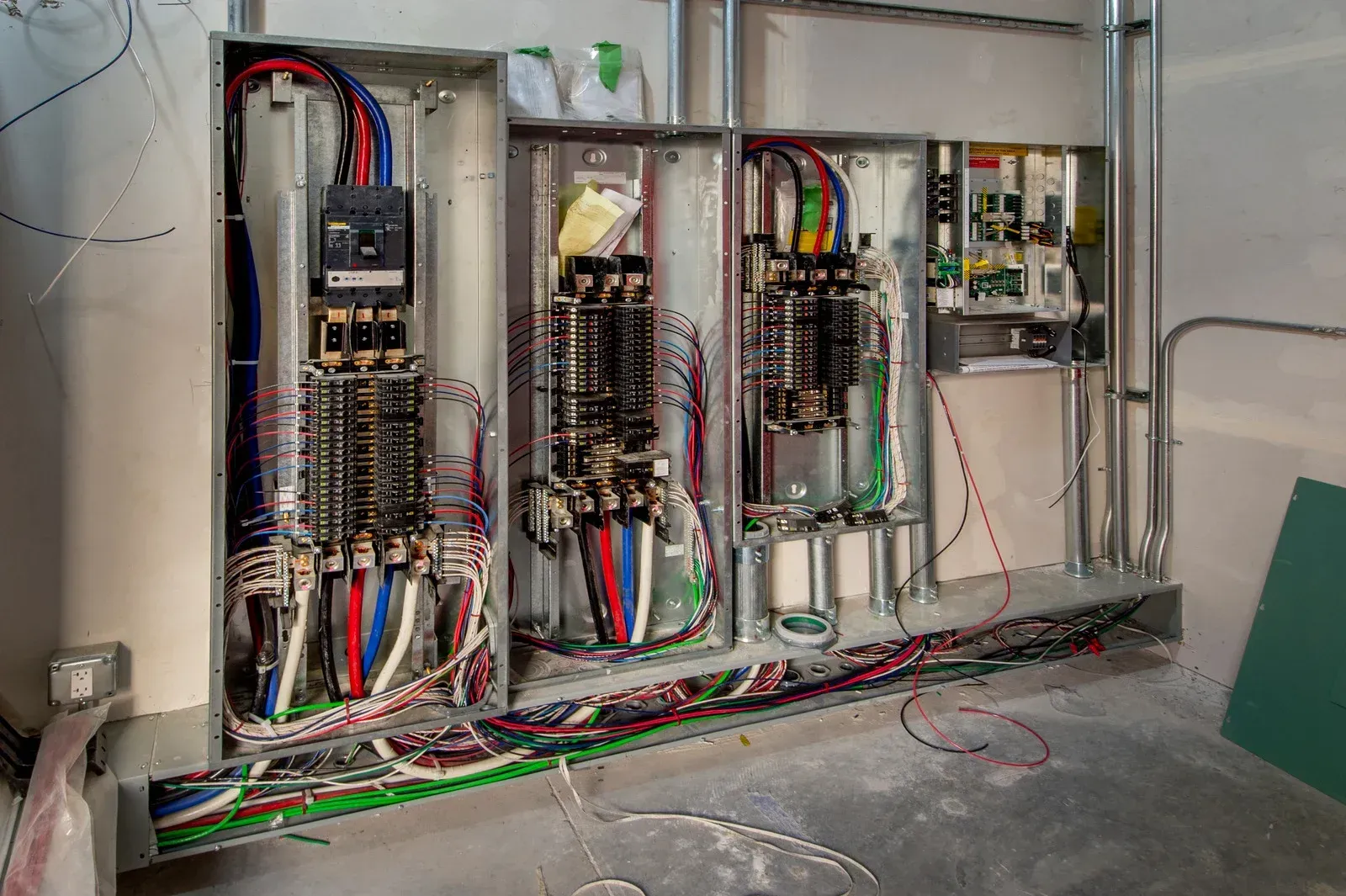 Electrical panels with colorful wires and circuits, installed in a wall.