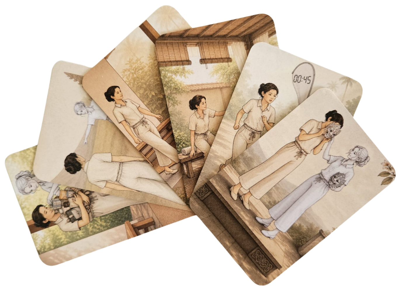 Vier geïllustreerde houten kaarten waaierden uit en toonden zachtgetinte, vintage scènes van mensen in een rustiek interieur.