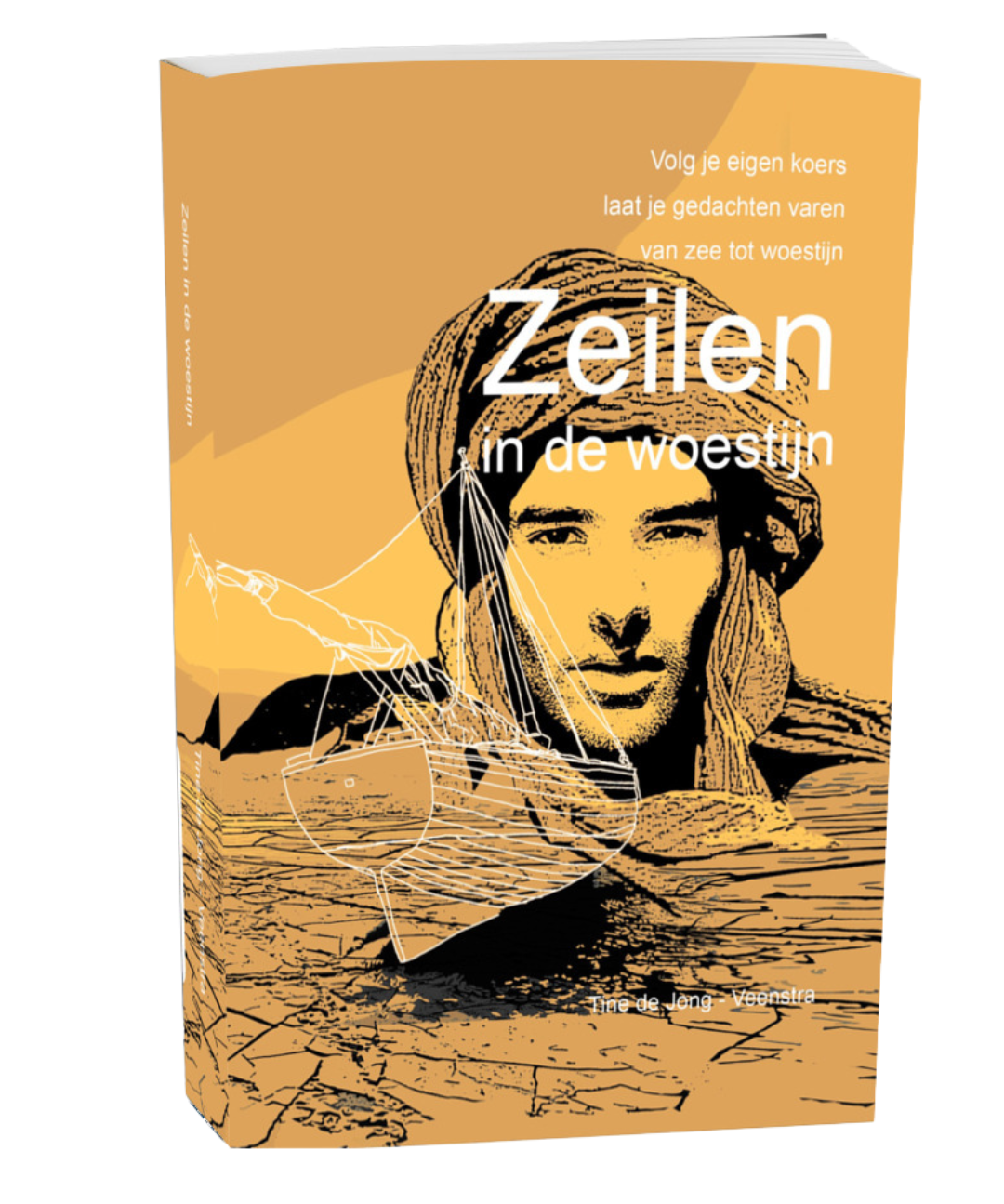 Boekcover met een oranje-zwarte illustratie van een persoon met een hoofddoek, getiteld