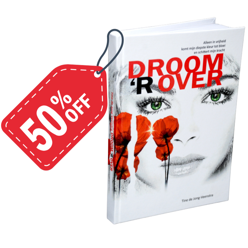 Rode boekomslag met een rood 50% kortingslabel en een illustratie van een vrouwengezicht.