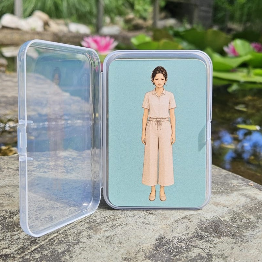 Open plastic doos met daarin een klein geïllustreerd figuurtje, op een steen buiten.