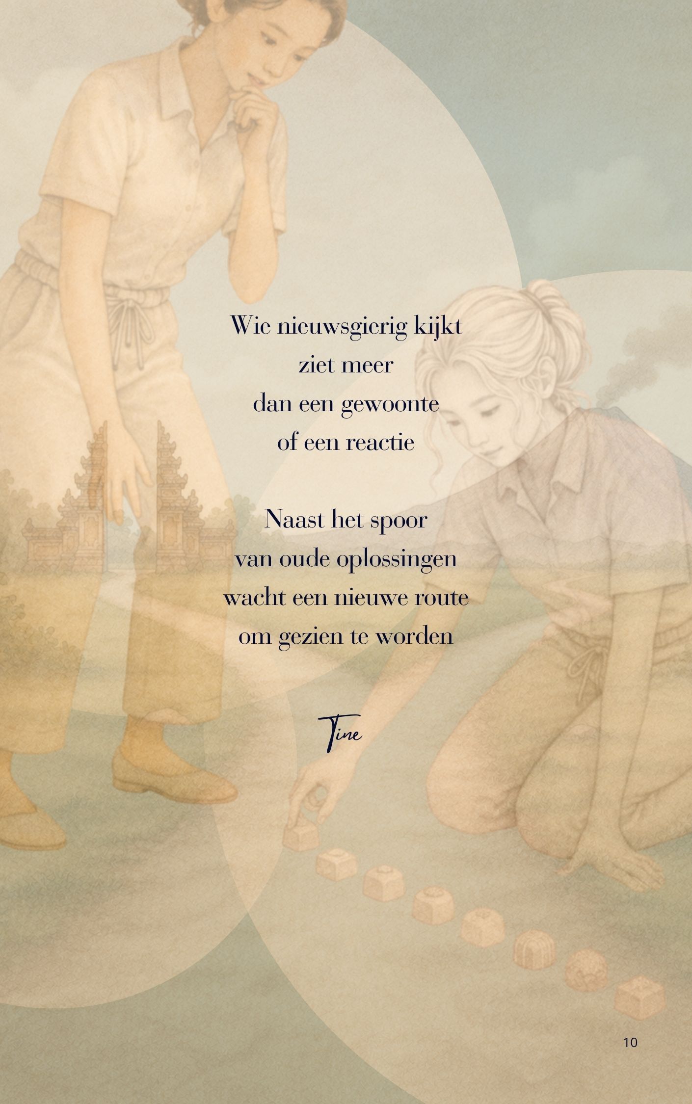 Pastelillustratie van twee mensen en een zittende hond met gecentreerde tekst op een beige achtergrond.