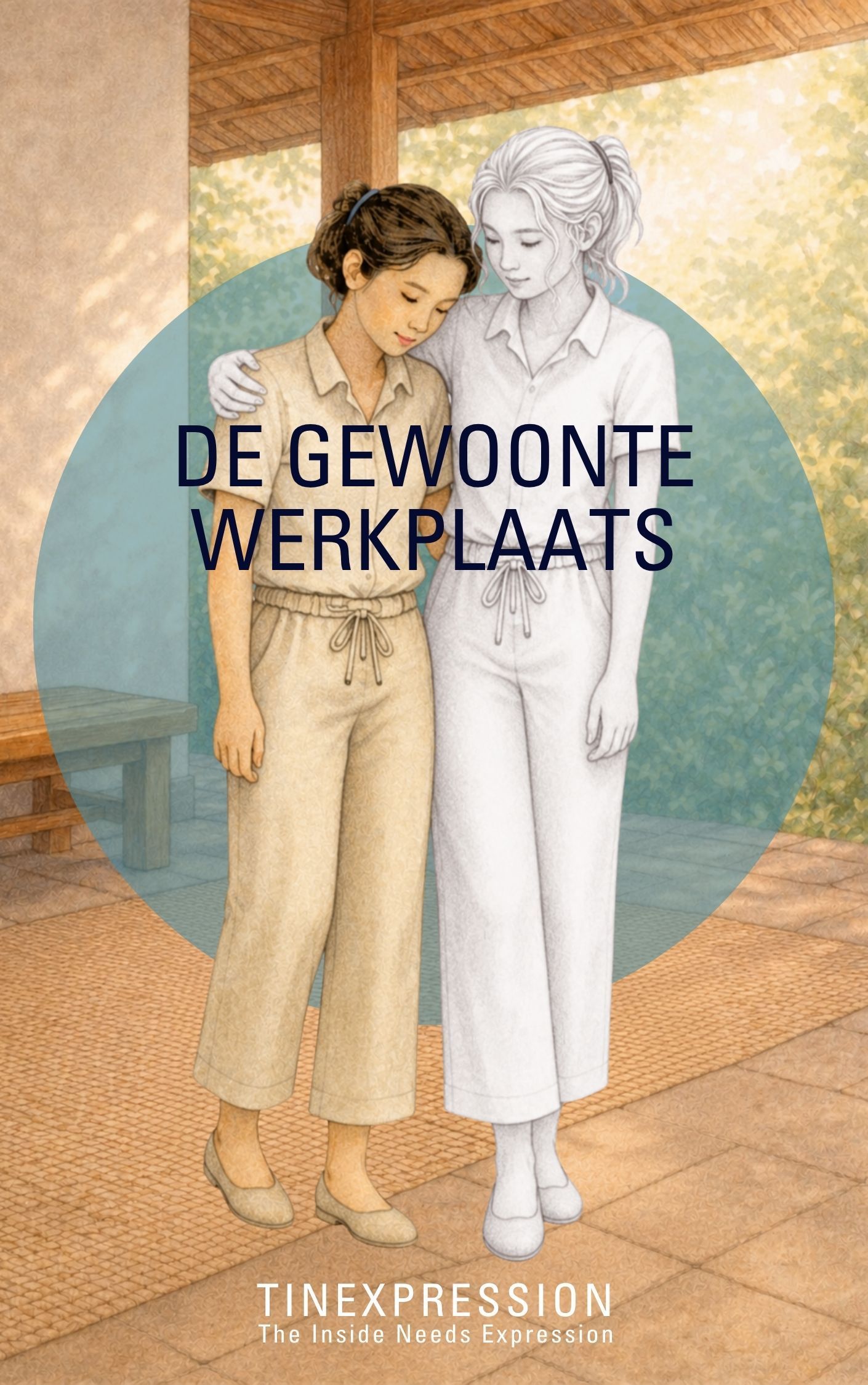 Twee vrouwen in een zonovergoten kamer, de ene in kleur en de andere in wit geschetst, met de tekst 