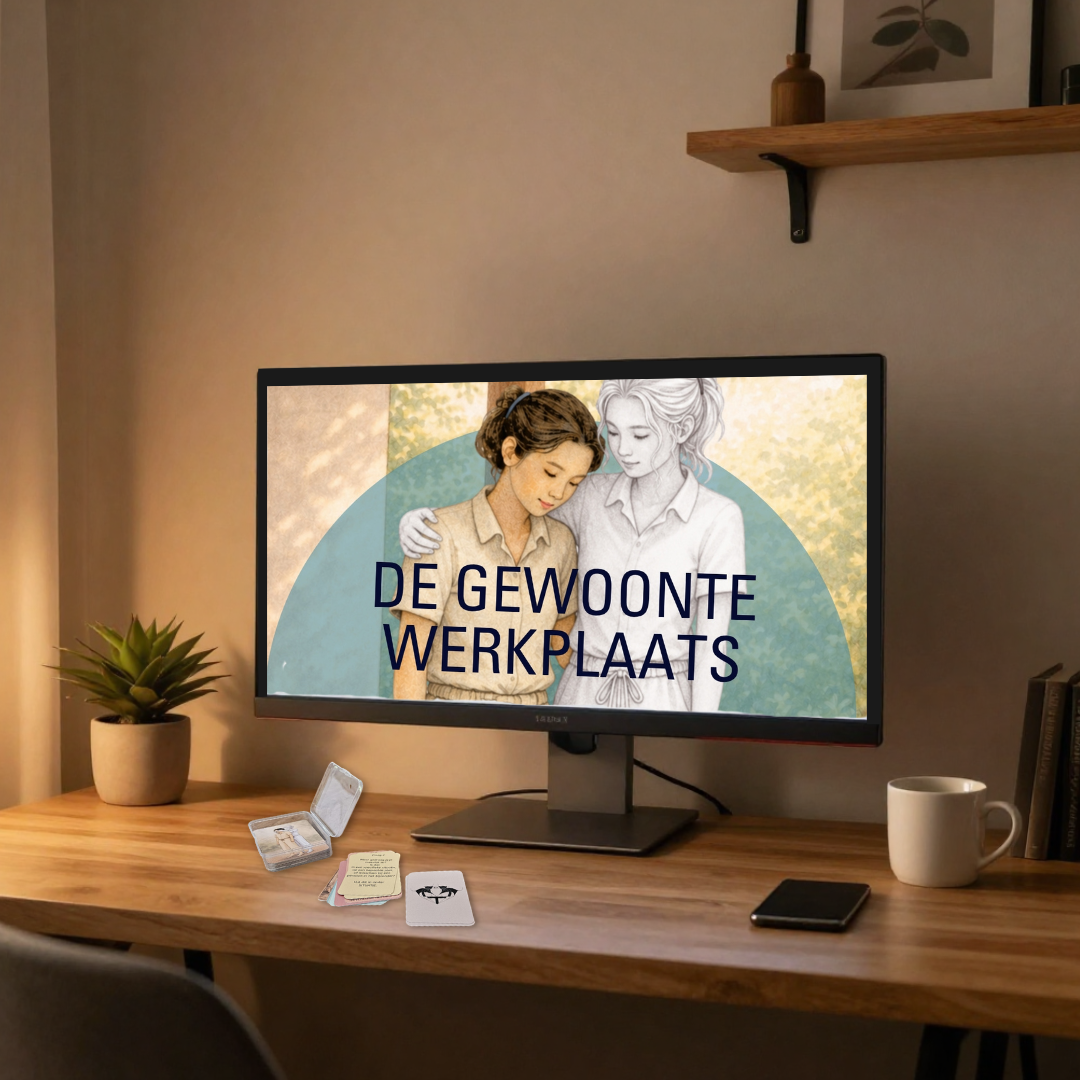 Bureau met monitor waarop “DE GEWOONTE WERKPLAATS” te zien is, een klein plantje, papieren, notitieboekje, mok en telefoon in een warme kamer.