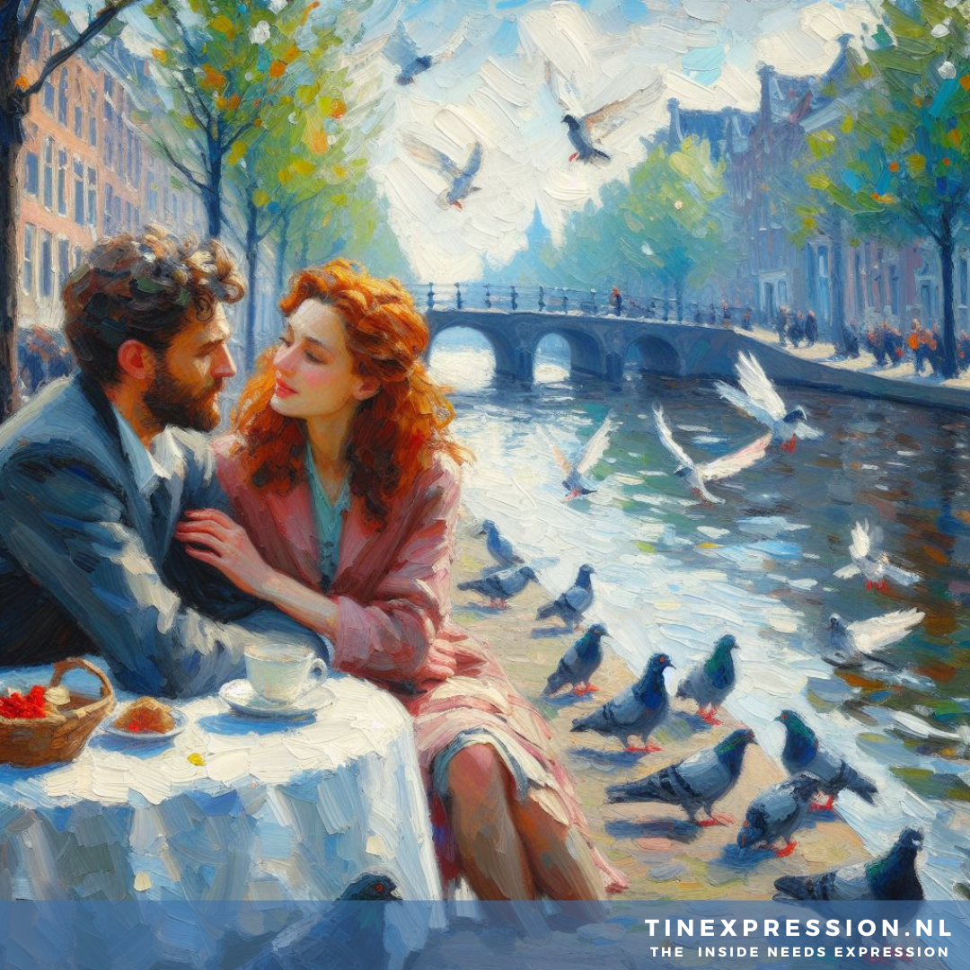 Een stel zit bij een café aan het kanaal, met duiven en een brug op de achtergrond, in een heldere impressionistische stijl.