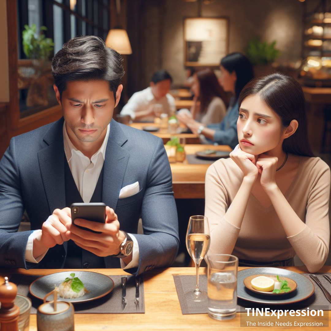 Een stel zit aan een restauranttafel; de man is aan het bellen terwijl de vrouw toekijkt, beiden met een serieuze uitdrukking.