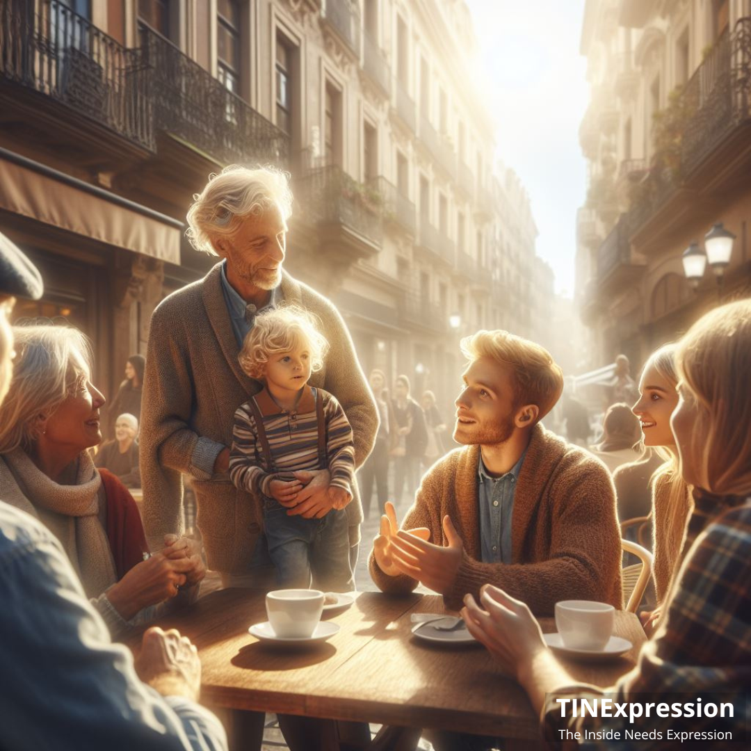 Een caféscène met vrienden die gezellig kletsen rond een zonnig tafeltje op een terras in een smalle stadsstraat.