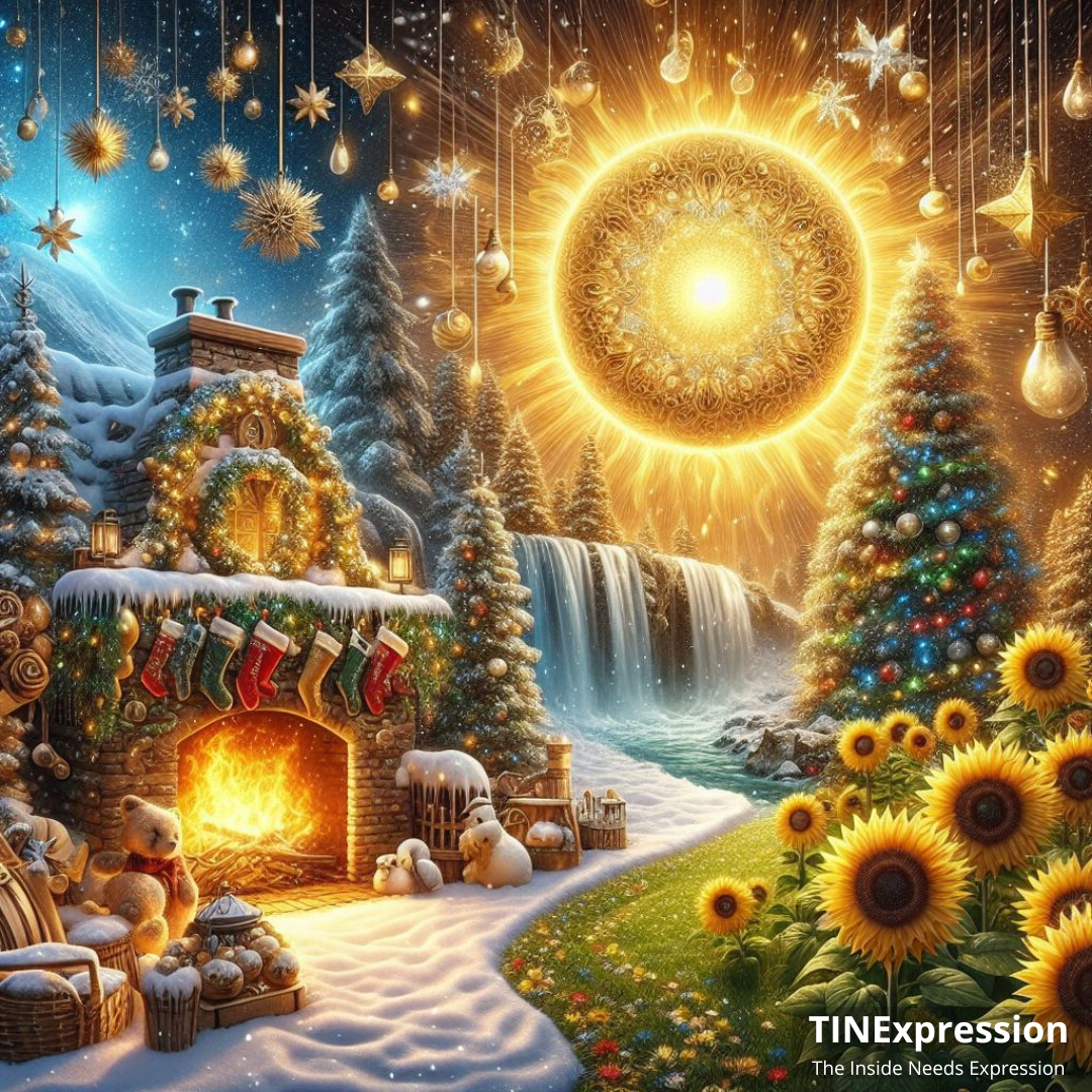 Sfeervol winterhuisje met gloeiende open haard, waterval, kerstboom, zon en met sneeuw bedekte dennenbomen.