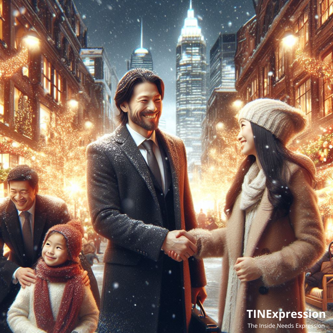 Een lachend stel schudt elkaar de hand op een besneeuwde, verlichte stadsstraat 's nachts, met omstanders en wolkenkrabbers op de achtergrond.